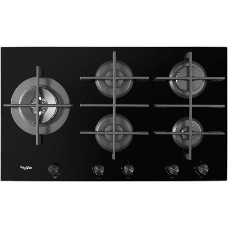 PLAQUE ENCASTRABLE 90 CM EN VERRE TREMPE 5 FEUX NOIRE WHIRLPOOL
